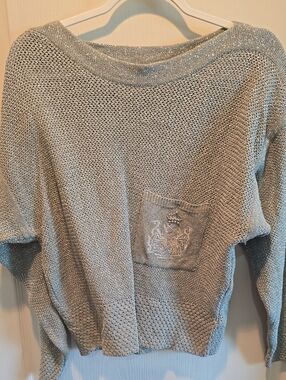 Madeline Metallic Silver Scoopneck Knit Sweater with Embroidered Pocket